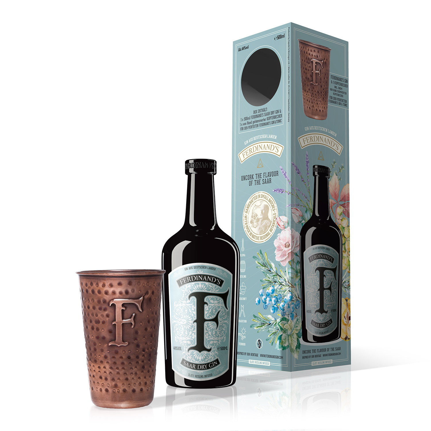 Ferdinand's Saar Dry Gin 0.5L (44% vol.) & copper cup set