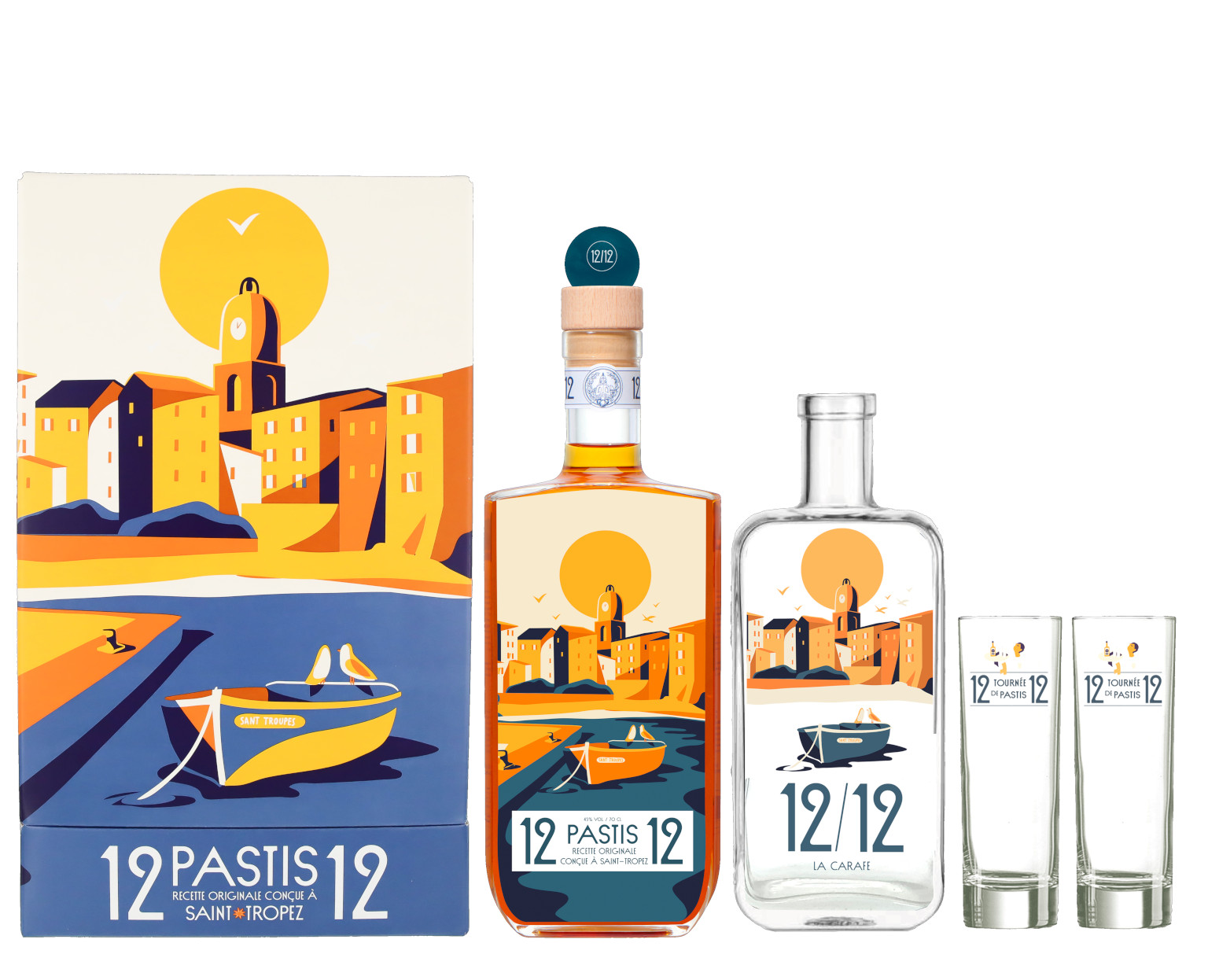 12/12 Pastis de Saint Tropez Rendezvous en Terrasse 0.7L (45% Vol.) + Carafe + 2 Glasses + GP