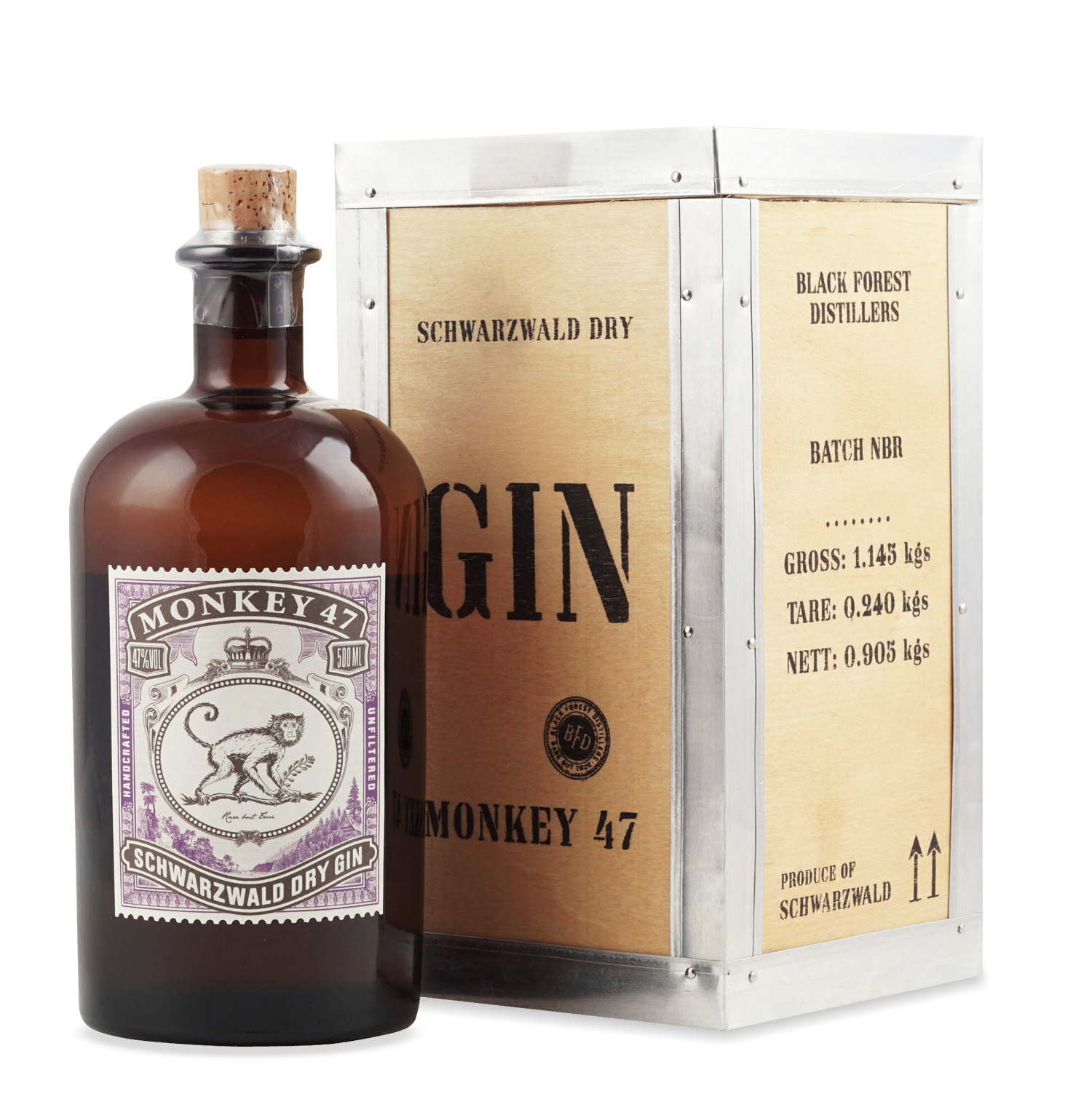 Monkey 47 Schwarzwald Dry Gin 0,5L (47% Vol.) in Holzkiste