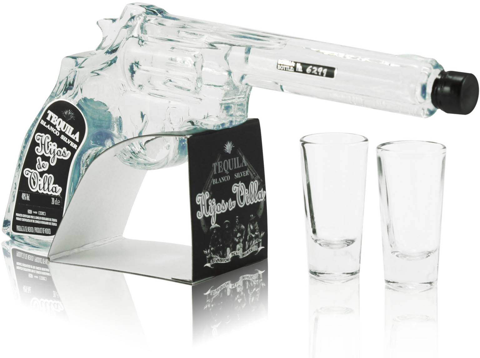 Hijos de Villa Blanco Tequila Revolver Bottle 0.2L (40% Vol.) (with 2 shot glasses)