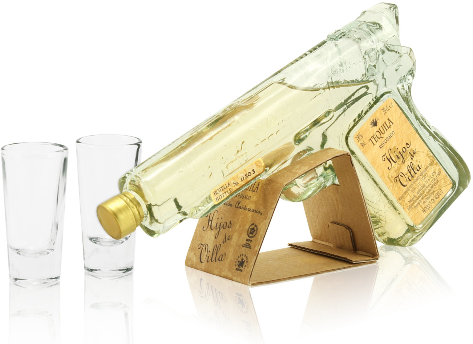 Hijos de Villa Reposado Tequila Pistolen-Flasche 0,2L (38% Vol.) (mit 2 Shotgläsern)