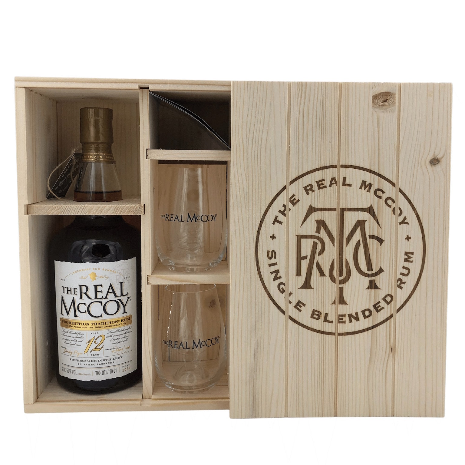 The Real McCoy 12 YO Prohibition Tradition Limited Edition 0,7L (46% Vol.) in wooden box + 2 glasses