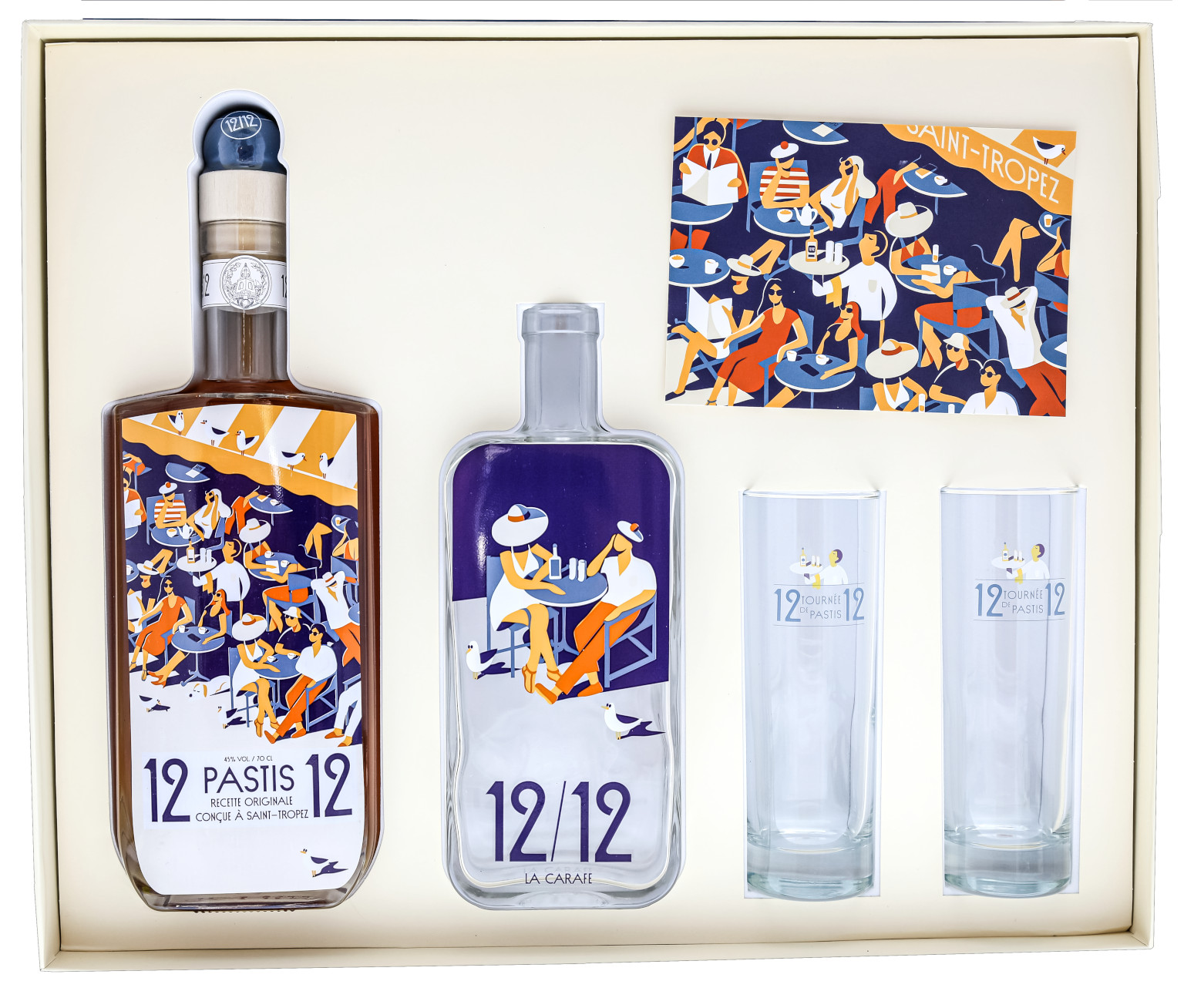12/12 Pastis de Saint Tropez Rendezvous en Terrasse 0.7L (45% Vol.) + Carafe + 2 Glasses